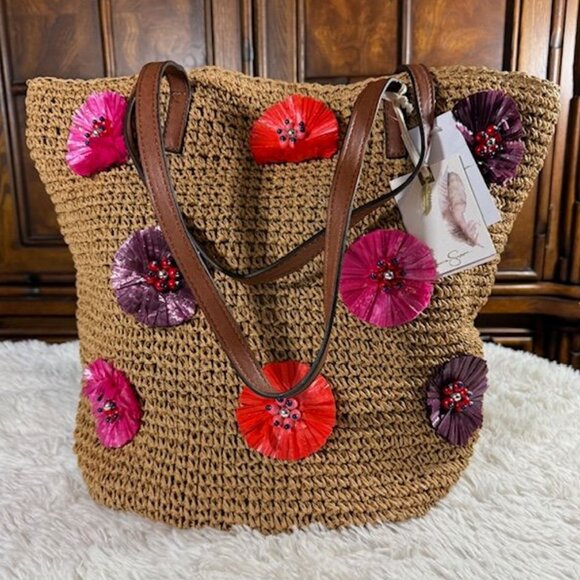 Jessica Simpson Raffia Straw 3D Beaded Floral Feather St. Pete Toast Pink Tote - Picture 2 of 16